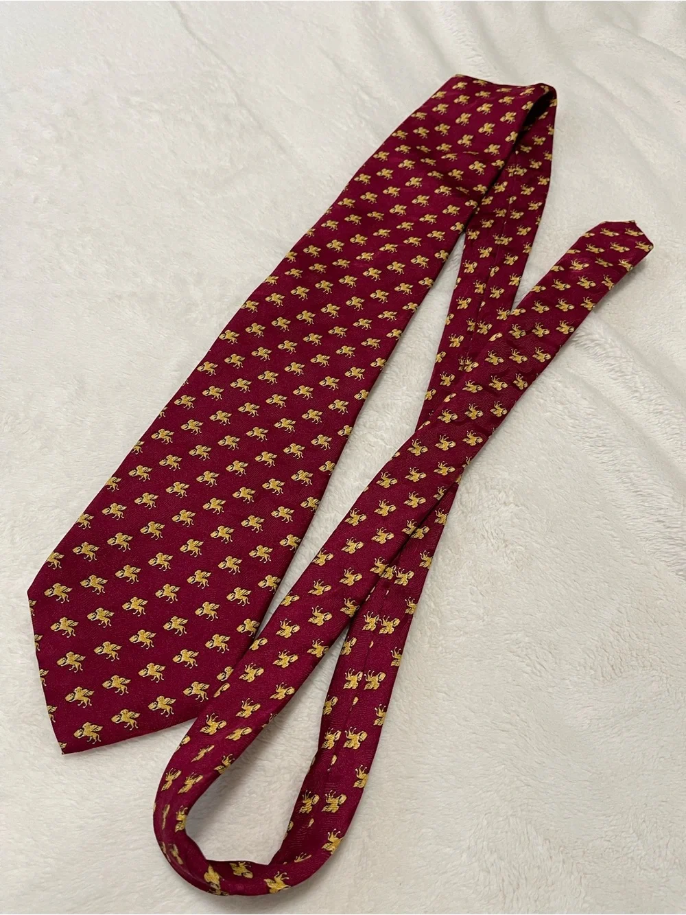 Alberto Piano Italy Wide 4” Silk Tie Burgundy Gold Heraldic Lion Crest